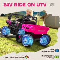 Qaba 24V 4WD Kids Ride On Car with 6 Wheels Electric Ride On Car with Dump Bed, Remote for 3-8 Years, Pink(m-4)
