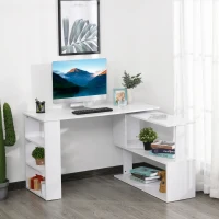 HOMCOM 360° Rotating Home Office Desk L Shaped Corner Computer Desk with Storage Shelves, Writing Table Workstation, White(m-9)