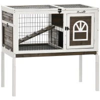 PawHut Rabbit Hutch Dual-Height Design Bunny House with Run Slide-Out Tray White and Coffee(m-11)