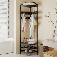 HOMCOM Corner Hall Tree, Industrial 4-Tier Coat Rack with Shoe Storage, 8 Movable Hooks and 2 Shelves for Hallway, Black(m-9)