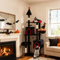 PawHut 78" Gothic Cat Tree, Cat Tower with Coffin Bed, 2 Spacious Condos, Sisal Scratching Posts, Bat Hanging Balls, Halloween(m-10)