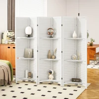 HOMCOM 6 Panel 67" Tall Wood Privacy Screen Room Divider with 3 Shelves and Folding Storage for Bedroom, White(m-10)