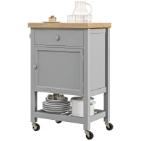 HOMCOM Kitchen Island on Wheels, Rolling Kitchen Cart with Rubberwood Top, Drawer, Wine Rack and Cabinet, Gray(m-1)
