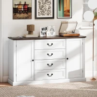 HOMCOM Farmhouse Sideboard with Charging Station, 58" Buffet Cabinet, Kitchen Storage Cabinet with 4 Drawers, 2 Doors, White(m-8)