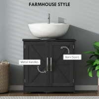 HOMCOM Farmhouse Pedestal Sink Storage Cabinet, Bathroom Sink Cabinet with 2 Barn Doors and Adjustable Shelf, Distressed Black(m-5)