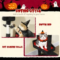 PawHut 78" Gothic Cat Tree, Cat Tower with Coffin Bed, 2 Spacious Condos, Sisal Scratching Posts, Bat Hanging Balls, Halloween(m-5)