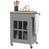 HOMCOM Rolling Kitchen Cart with Drawer and Glass Door Cabinet, Kitchen Island on Wheels with Towel Rack, Grey(m-2)