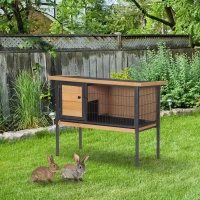 PawHut Rabbit Hutch, Wooden Bunny Cage Indoor Outdoor Bunny Hutch with Tray and Openable Water-Resistant Roof, Yellow(m-8)