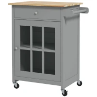 HOMCOM Rolling Kitchen Cart with Drawer and Glass Door Cabinet, Kitchen Island on Wheels with Towel Rack, Grey(m-11)