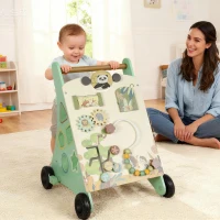 Qaba Wooden Baby Walker, Push Along Walker Toys with Speed Control, Xylophone, gears and Bead Maze, Green(m-1)