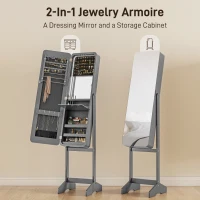 HOMCOM Standing Mirror Jewelry Cabinet, Jewelry Storage Cabinet with LED Lights and Angle Adjustable Full Length Mirror, Grey(m-4)