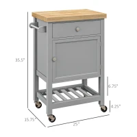 HOMCOM Kitchen Island on Wheels, Rolling Kitchen Cart with Rubberwood Top, Drawer, Wine Rack and Cabinet, Gray(m-3)