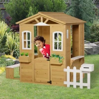 Outsunny Outdoor Playhouse for Kids Wooden Cottage with Working Doors Windows & Mailbox, Pretend Play House for Age 3-6 Years(m-7)