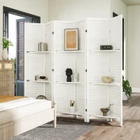 HOMCOM 6 Panel 67" Tall Wood Privacy Screen Room Divider with 3 Shelves and Folding Storage for Bedroom, White(m-8)