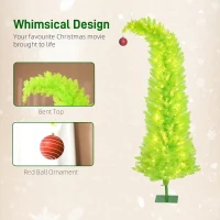 HOMCOM 6 ft Whimsical Christmas Tree, Pencil Xmas Tree with with Red Ball, Metal Base, Prelit with 230 LED Lights(m-5)