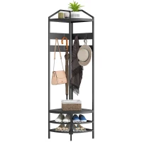 HOMCOM Corner Hall Tree, Industrial 4-Tier Coat Rack with Shoe Storage, 8 Movable Hooks and 2 Shelves for Hallway, Black(m-11)