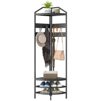 HOMCOM Corner Hall Tree, Industrial 4-Tier Coat Rack with Shoe Storage, 8 Movable Hooks and 2 Shelves for Hallway, Black(m-1)