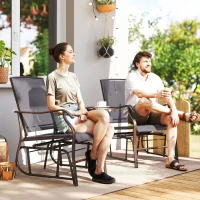 Outsunny Patio Double Glider Chair with Glass Top Center Table, Outdoor Glider Chair with High Back,  Sling Fabric for Garden, Bench, Grey(m-8)