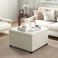 HOMCOM Round Storage Ottoman Bench, Button Tufted Ottoman with Flip Top for Living Room, Entryway and Bedroom, Beige(m-10)