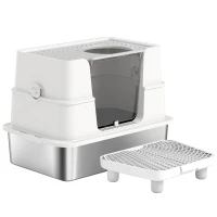 PawHut XL Stainless Steel Litter Box w/ 100° Flip Top, Scoop, Step, Top & Side Entry Enclosed Litter Box for Big Cats(m-1)