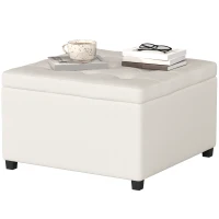 HOMCOM Round Storage Ottoman Bench, Button Tufted Ottoman with Flip Top for Living Room, Entryway and Bedroom, Beige(m-1)