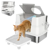 PawHut XL Stainless Steel Litter Box w/ 100° Flip Top, Scoop, Step, Top & Side Entry Enclosed Litter Box for Big Cats(m-11)
