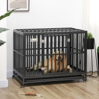 PawHut 44" Heavy Duty Steel Dog Crate Kennel Pet Cage with Wheels for Convenient Access Anti-Pinching Floor, Black(m-1)
