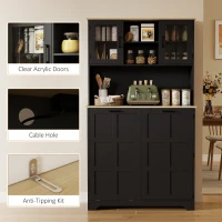 HOMCOM Kitchen Pantry Cabinet with Charging Station, 7 Gallon Trash Can Cabinet, Adjustable Shelves and Acrylic Doors, Black(m-9)