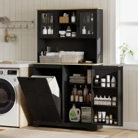 HOMCOM Kitchen Pantry Cabinet with Charging Station, 7 Gallon Trash Can Cabinet, Adjustable Shelves and Acrylic Doors, Black(m-10)