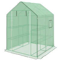 Outsunny 4.6' x 4.7' Portable Greenhouse, Water/UV Resistant Walk-In Small Outdoor Green House with 2 Tier U-Shaped Flower Rack Shelves, Roll Up Door & Windows, Green(m-1)