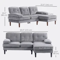 HOMCOM Modern Corner Couch with Right Chaise Lounge, Tufted 3-Seater Sofa with Wooden Legs for Living Room, Grey(m-3)