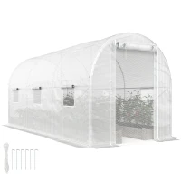 Outsunny Hoop House Greenhouse, Walk-in Tunnel Greenhouse with 2 Support Rods, Zippered Roll-up Mesh Door, 14.6'x6.5'x6.6', White(m-11)