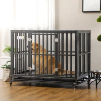 PawHut 44" Heavy Duty Steel Dog Crate Kennel Pet Cage with Wheels for Convenient Access Anti-Pinching Floor, Black(m-8)