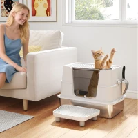 PawHut XL Stainless Steel Litter Box w/ 100° Flip Top, Scoop, Step, Top & Side Entry Enclosed Litter Box for Big Cats(m-10)