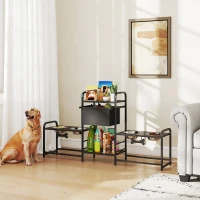PawHut 3 Height Adjustable Dog Bowl Stand with 2 Feeding Stations, Toy Bin Basket, Black(m-10)