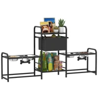 PawHut 3 Height Adjustable Dog Bowl Stand with 2 Feeding Stations, Toy Bin Basket, Black(m-11)