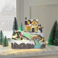 HOMCOM Animated Christmas Village Scene, Pre-Lit Musical Holiday Decoration with LED Lights, Fiber Optic, Rotating Skating Pond and 2 Skaters(m-10)