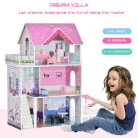 Qaba Kids Wooden Dollhouse Playset 3-Story Dream House Villa Kit with Sun Room, Balcony and 13 Accessories for ages 3+(m-4)