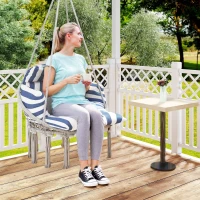 Outsunny Hammock Swing Chair, Macrame Hanging Chair with Large Cushion, Chain, Steel Frame for Indoor Outdoor Use, Blue and White(m-10)