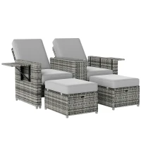 Outsunny 5PC Wicker Patio Lounger, Outdoor PE Rattan 5-level Adjustable Recliner Sofa Bed with Storage Side Table and Footstools, for Patio, Garden, Poolside, Grey(m-11)