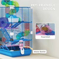 PawHut 5 Tiers Hamster Cage Portable with Exercise Wheels Play Tube Water Bottle Dishes House Ladder for Gerbils, Blue(m-5)