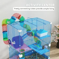 PawHut 5 Tiers Hamster Cage Portable with Exercise Wheels Play Tube Water Bottle Dishes House Ladder for Gerbils, Blue(m-4)