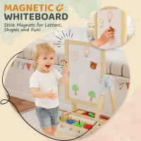 Qaba Wooden Art Easel, Double Sided Kids Easel with Height Adjustable Chalkboard and Magnetic Whiteboard, Natural(m-7)