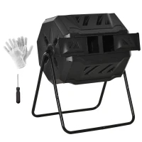 Outsunny 43 Gallon (160L) Tumbling Compost Bin Outdoor Dual Chamber 360° Rotating Composter with Sliding Doors, Solid Steel Frame and Gloves, Black(m-2)