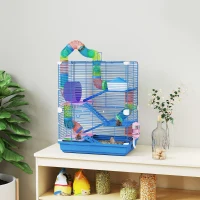 PawHut 5 Tiers Hamster Cage Portable with Exercise Wheels Play Tube Water Bottle Dishes House Ladder for Gerbils, Blue(m-1)