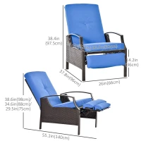 Outsunny Outdoor Rattan Recliner Chair, Wicker Reclining Chair with Adjustable Back Retractable Footrest Cushion Blue(m-3)