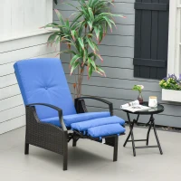 Outsunny Outdoor Rattan Recliner Chair, Wicker Reclining Chair with Adjustable Back Retractable Footrest Cushion Blue(m-8)