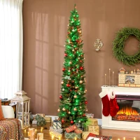 HOMCOM 7.5ft Christmas Tree with Colourful DIY Synchronized LEDs, Hinged Pencil Xmas Tree with Remote, Daily Timer, Green(m-8)