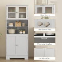 HOMCOM 57" Kitchen Pantry, Freestanding Pantry Storage Cabinet with Glass Doors, Adjustable Shelves, Open Compartments, White(m-7)