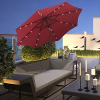 Outsunny 9ft Solar Patio Umbrella Outdoor Sunshade 24 LED Lights Tilt Canopy, Wine Red(m-8)